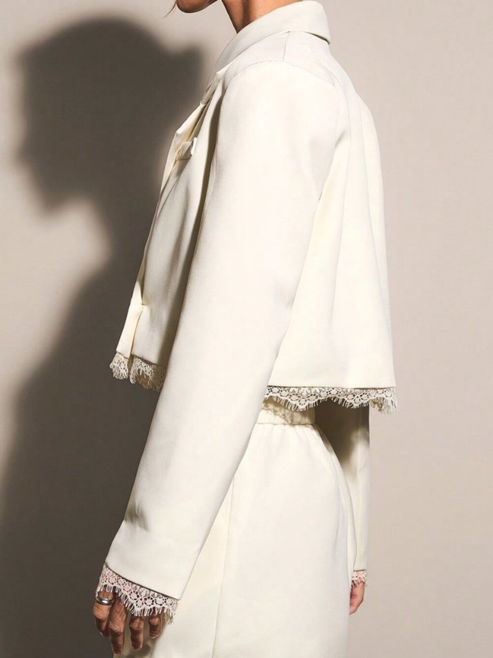 Cream Elegant Women's Double-Breasted Lace Patchwork Blazer - Picture 5 of 5